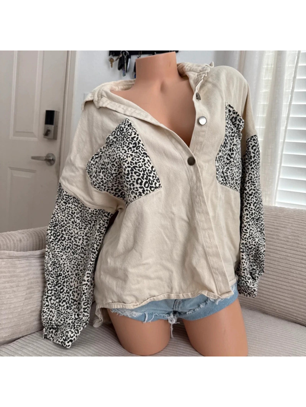 Pol Leopard Contrast Denim Shacket beige  Oversized Button Down leopard